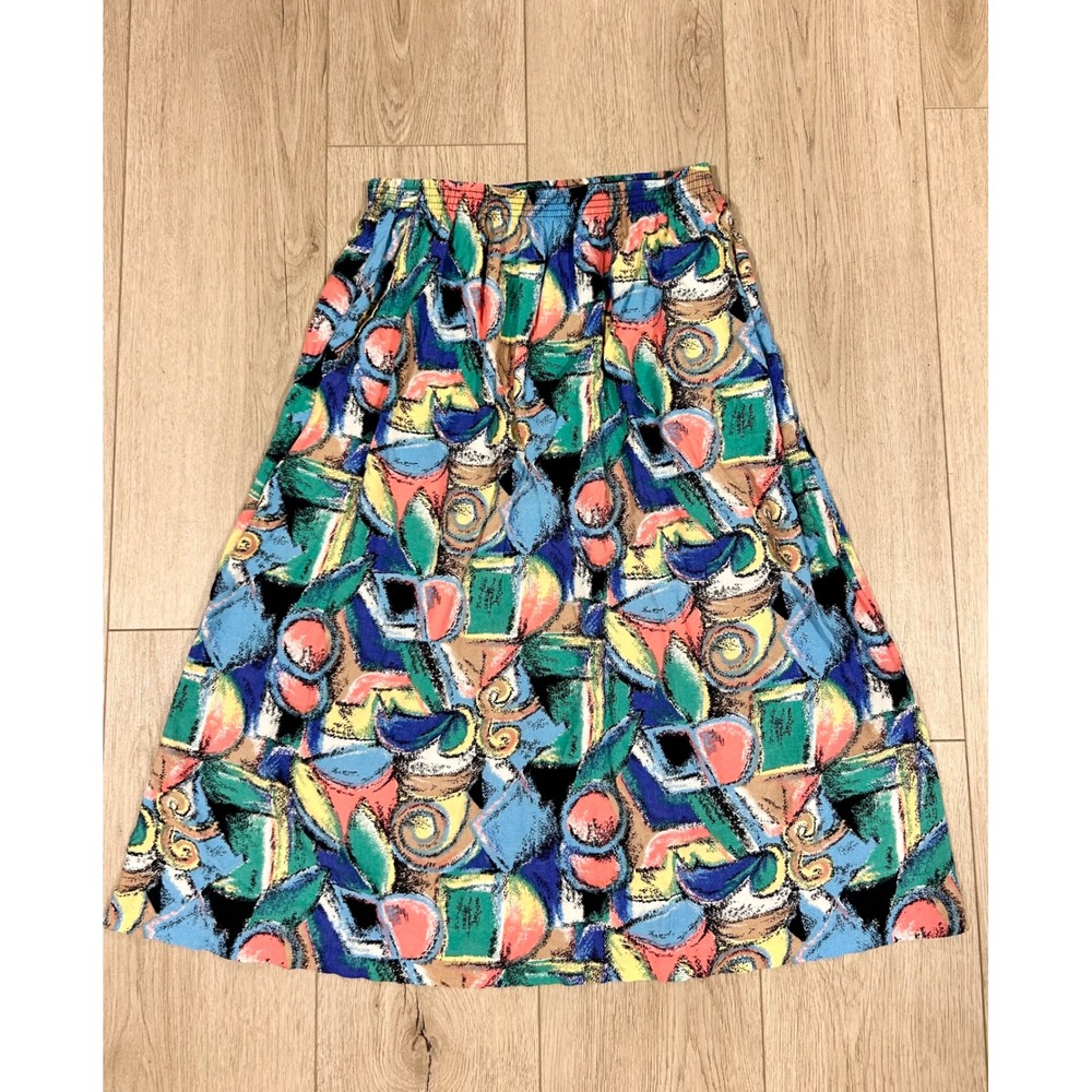 Sag Harbor Vintage 90s Abstract Geometric Rayon Midi Skirt Multicolor Womens M